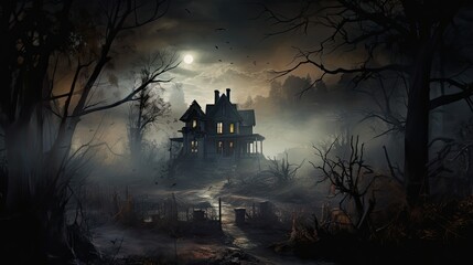 A spooky haunted house enveloped in mist, with eerie moonlight casting long shadows - Generative ai