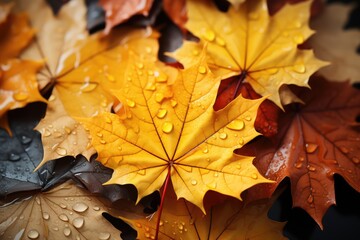 Colorful autumn leaves with water drops on black background, closeup. Autumn Foliage, generative Ai