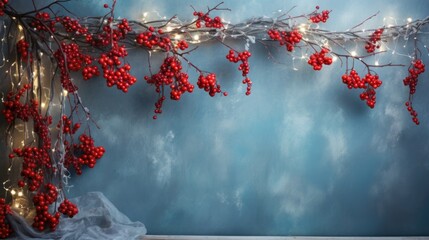 A branch with red berries and lights against a blue wall