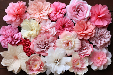 A collection of pink, red, and white flowers. The flowers are arranged in a flat lay style on a dark wooden background