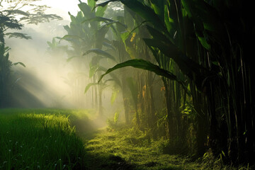 A misty jungle tall, green banana trees on the right side. The trees have large, broad leaves and are densely packed together