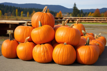 A group of pumpkins on a concrete surface, green stems. They are arranged in a pyramid-like shape - Powered by Adobe