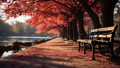 Bench in the park with red maple leaves on the ground in autumn, Autumn in the park. Fall season concept. generative AI