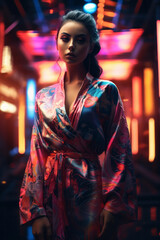 Stunning lady in neon dress and elaborate kimono, inspired by style of cyberpunk realism