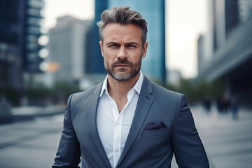 Portrait of a 40 years old man, light unshaven, casual business style with suit shirt but no tie , modern city background