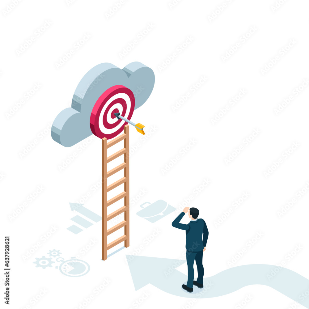 Poster isometric man stands in front of a ladder leading to a target with arrow on a cloud in color on a wh