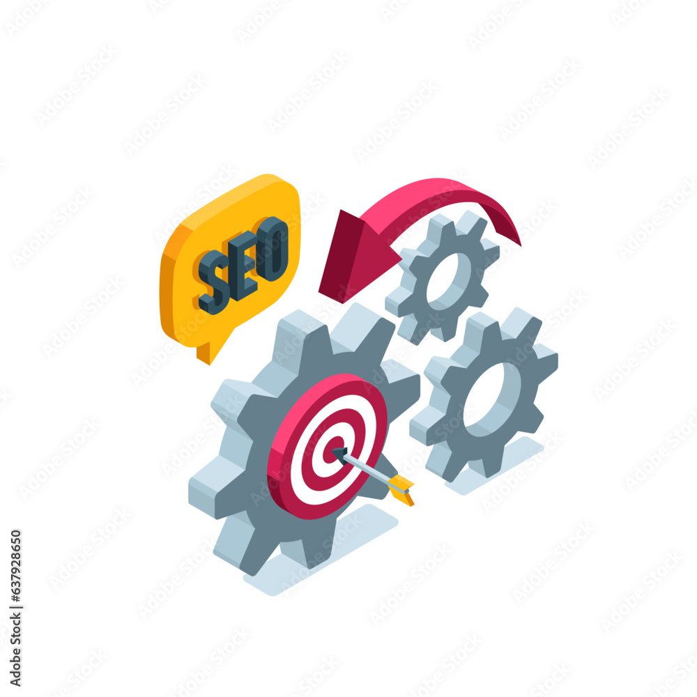 Poster isometric gears with target and arrow in color on white background, text bubble with word seo, web p