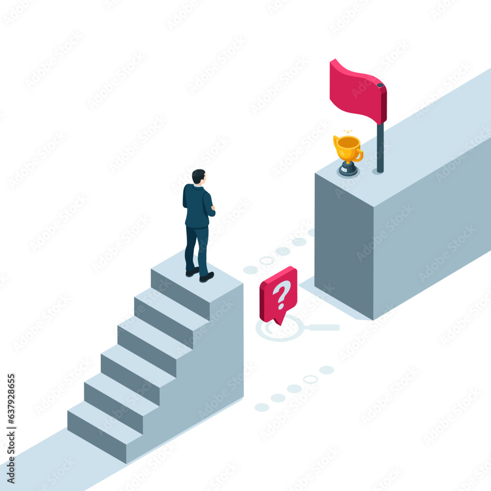 Aufkleber isometric man stands in front of an abyss through which he needs to go to the flag in color on a whi