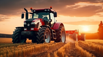 Fototapeta premium Tractor driving on the field at sunset