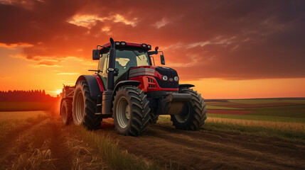 Tractor driving on the field at sunset