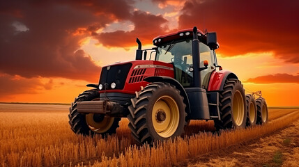 Obraz premium Tractor driving on the field at sunset