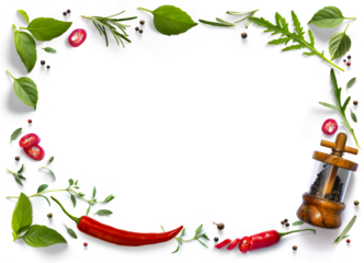 frame / border PNG Food design element. Spices and herbs with real transparent shadow on transparent background. Variety of spices and mediterranean herbs.