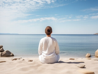 Fototapeta premium A Person Sitting on A Wooden Bench on The Beach