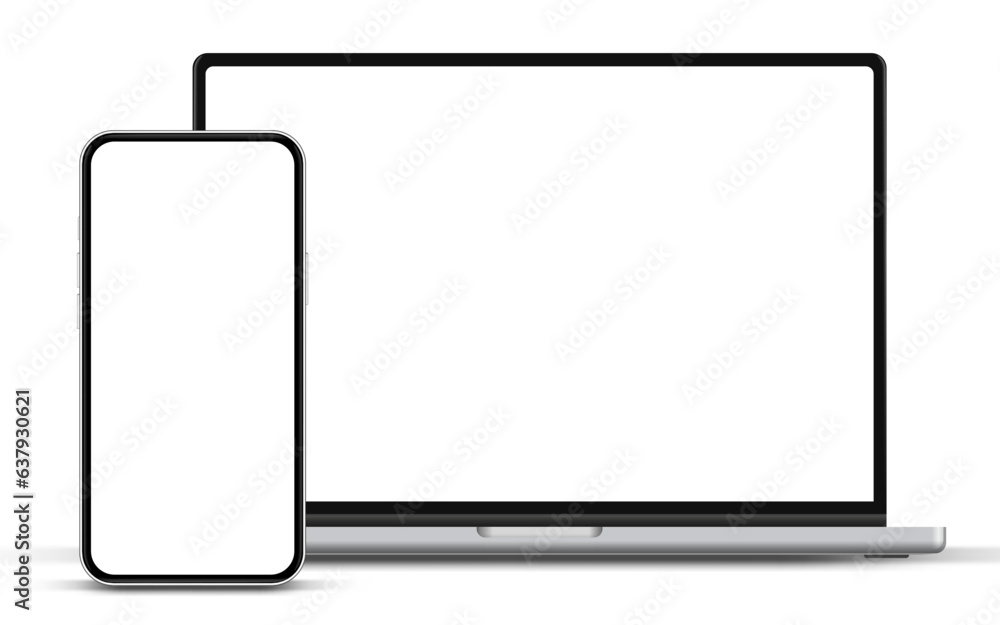 Poster Modern laptop mockup front view and smartphone mockup high quality isolated on white background. Notebook mockup and phone device mockup for ui ux app and website presentation Stock Vector.