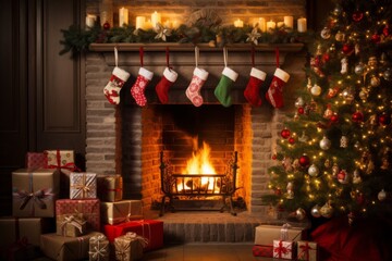Fireplace in a festive interior. Merry christmas and happy new year concept