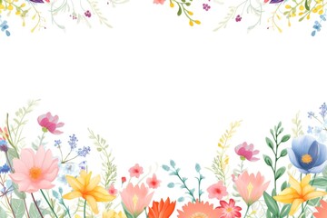 Obraz na płótnie Canvas Floral border frame card template. multicolor flowers, leaves, for banner, wedding card. Springtime composition with copy-space