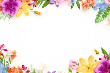 Obraz na płótnie Canvas Floral border frame card template. multicolor flowers, leaves, for banner, wedding card. Springtime composition with copy-space