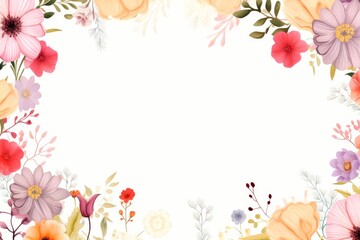 Fototapeta na wymiar Floral border frame card template. multicolor flowers, leaves, for banner, wedding card. Springtime composition with copy-space
