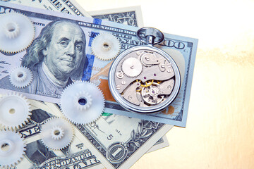 mechanical stopwatch on the background of dollars. Part time accuracy for business. business and finance time.
