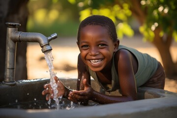 An African child sincerely rejoices in tap water. The concept of hunger and food security of the planet