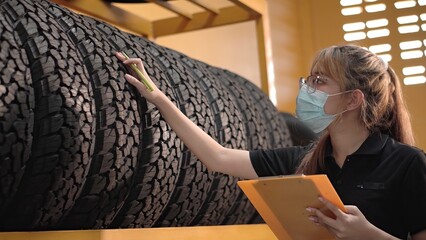 Worker young asia woman wearing face medical mask is checking quality of car tires and checking the...