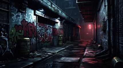 A dark alley lined with graffiti-covered walls and mysterious symbols - Generative ai