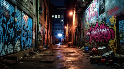 A dark alley lined with graffiti-covered walls and mysterious symbols - Generative ai