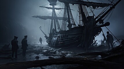 A haunted shipwreck on a foggy shoreline, with tattered sails and ghostly crew members - Generative ai