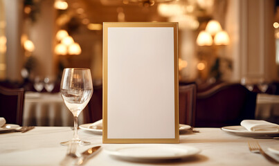 menu de restaurant vierge avec cadre en bois, dans un décors de restaurant haut de gamme - obrazy, fototapety, plakaty