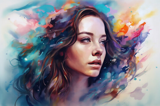 beauty woman watercolor art lip colourful glamour style portrait face illustration. Generative AI.