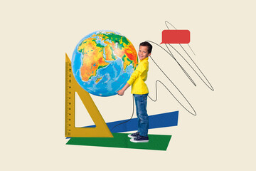 Artwork collage of mini happy boy hands hold big planet earth world globe triangular dialogue...