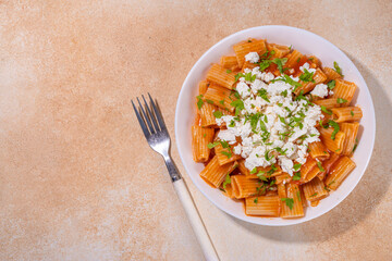 Rigatoni pasta with tomato sauce and cottage cheese