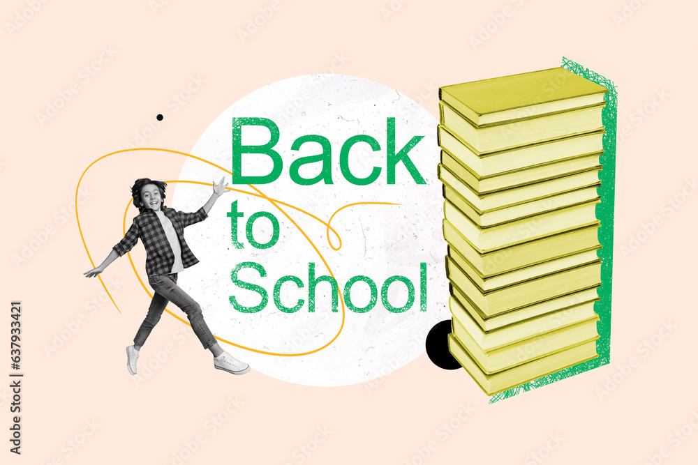 Canvas Prints Collage picture of funny mini black white colors boy running hurry back to school huge pile stack book isolated on creative background