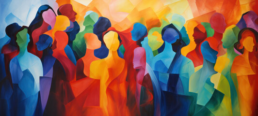 Abstract colorful art watercolor painting depicts a diverse group of people united - obrazy, fototapety, plakaty