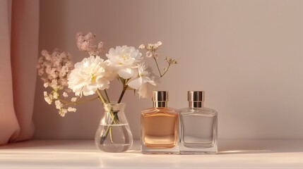 A chic perfume medley with exquisite bottles, accompanied by vibrant flowers, all depicted in a soft, pastel-hued illustration.