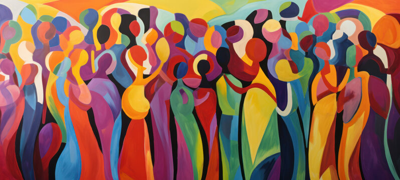 Abstract colorful art watercolor painting depicts a diverse group of people united