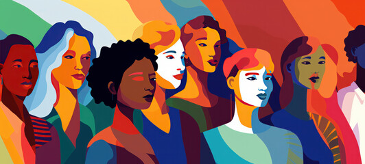 Abstract colorful art watercolor painting depicts a diverse group of people united