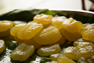 Med Kanoon (Thai green peanut paste) at a street food stall in Bangkok, Thailand.