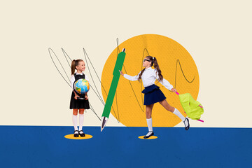 Artwork collage of two mini happy girls hold planet earth globe huge pen backpack isolated on...