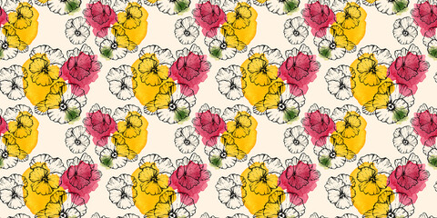Flowers seamless pattern. Pansies. Flowers from watercolor stains and graphics. For the design of textiles, cards, paper packaging, covers, wallpapers