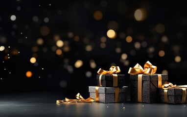 Black gift boxes with golden ribbon bow tag on blurred black background with orange lights in the style of bokeh. Copy space. New year. Birthday. Black friday discounts concept
