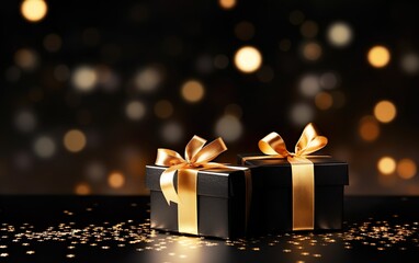 Black gift boxes with golden ribbon bow tag and golden confetti on blurred black background with orange lights. Copy space. New year. Birthday. Black friday discounts concept