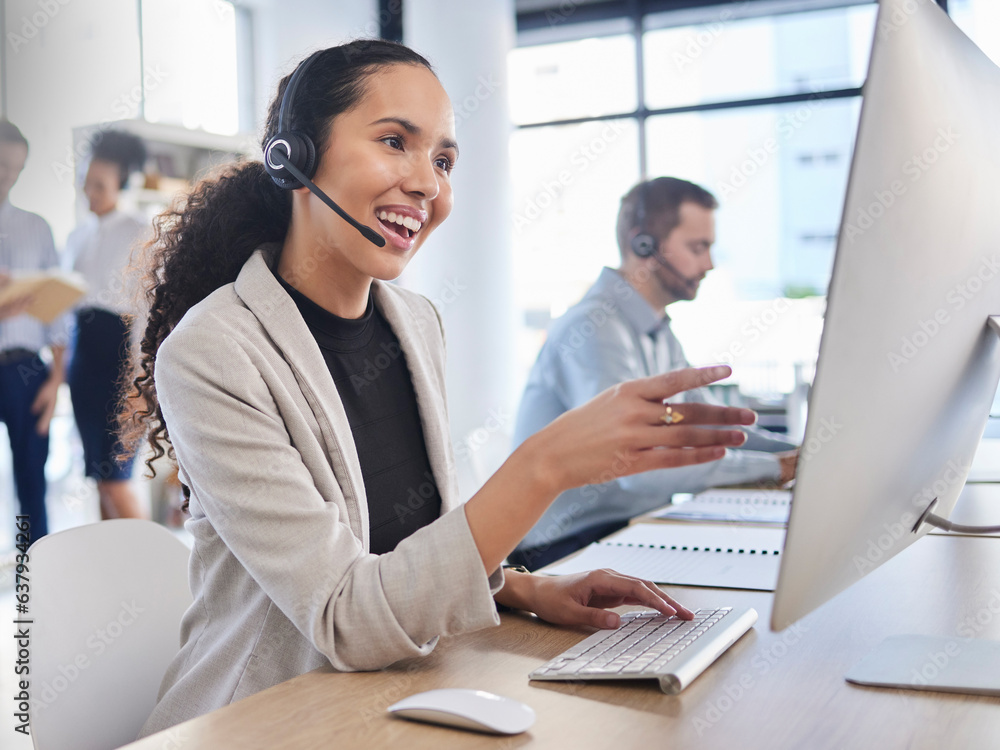 Poster customer service, woman and speaking in call center with consultant online for technical support, ad
