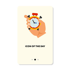 Hand holding stopwatch flat icon. Time isolated vector sign. Sport and transport concept. Vector illustration symbol elements for web design and apps