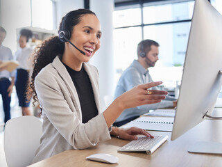 Customer service, woman and speaking in call center with consultant online for technical support,...