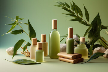 Natural cosmetics set with leaves and plants on green background. Natural cosmetics concept. AI generation.