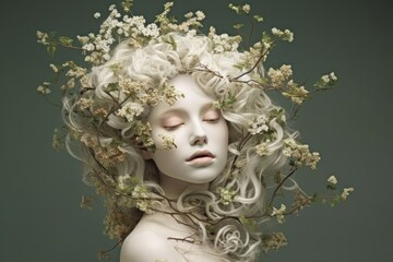 Creative portrait of a cute blonde girl with closed eyes with flowers and branches in her hair . AI generation.