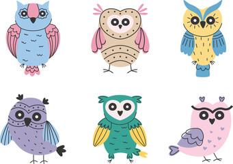 Vector set of birds with folk motifs and ornaments. Colorful owls for design of cards, clothes, textiles and tableware