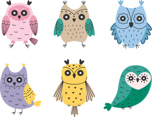 Set of owls with geometric ornament. Vector birds with patterns on wings. Design for postcards and clothes