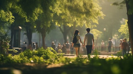 Rear view of couple that walking in the park. Beautiful illustration picture. Generative AI